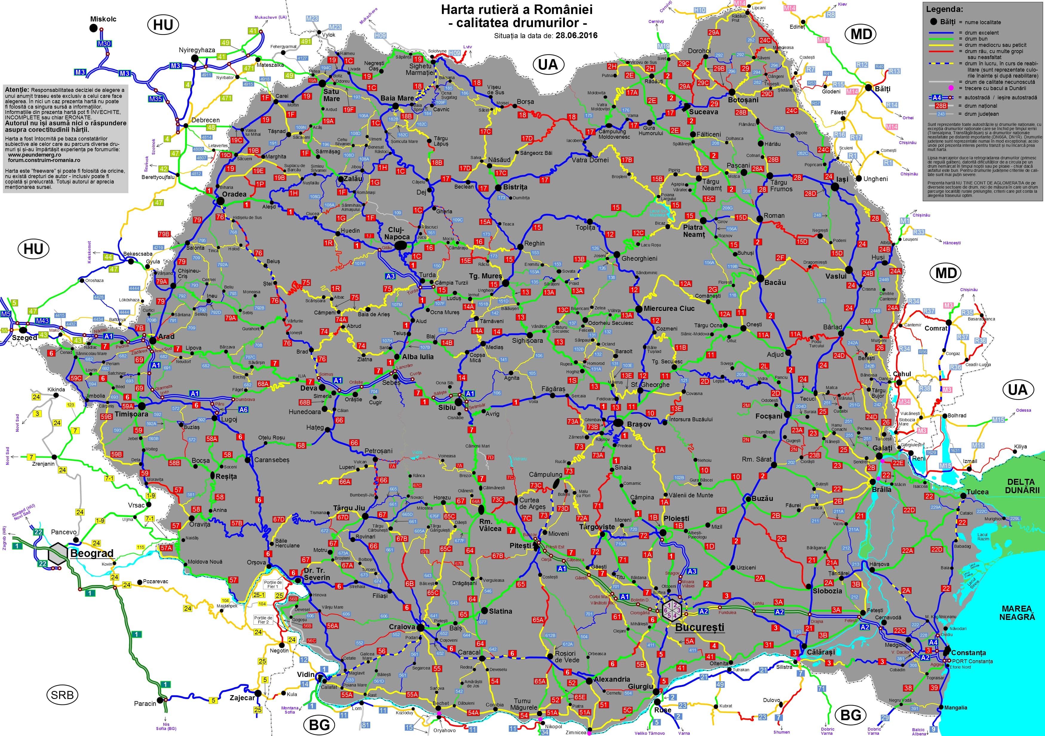 Harta cu starea drumurilor din Romania realizata de soferi (actualizata Iunie 2016)